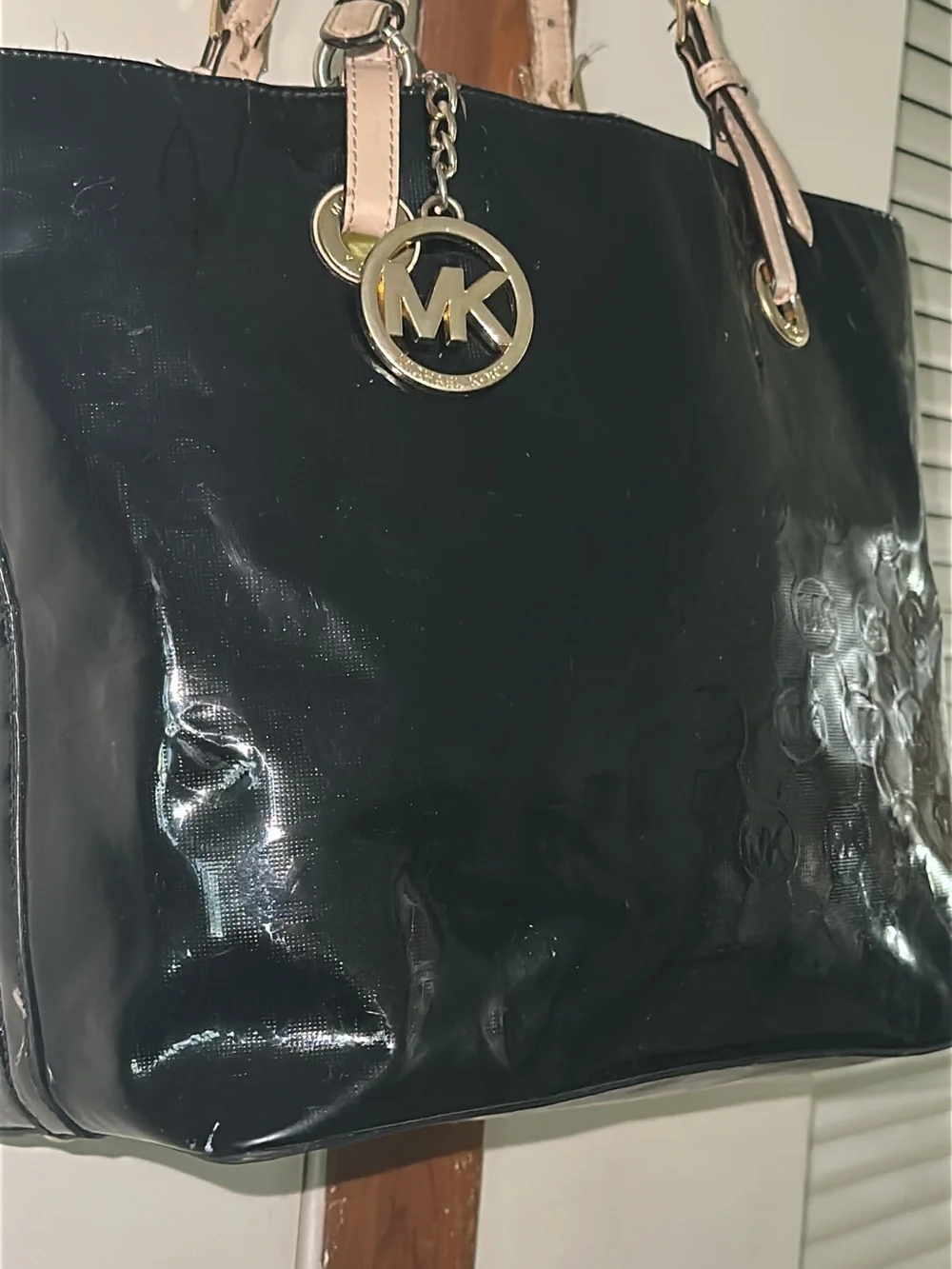 Michael Kors Black Patent Shoulder Tote with Light Tan Straps